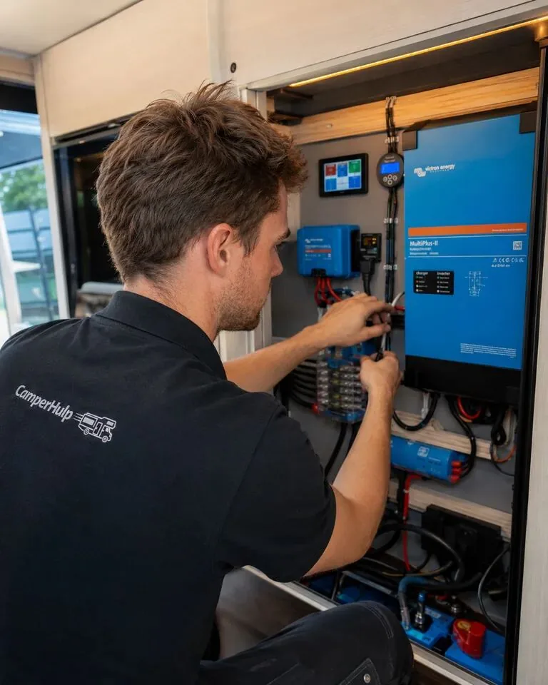 Monteur aan het werk in een camper